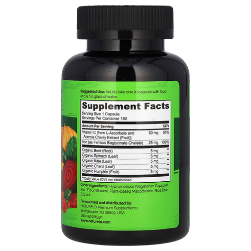 NATURELO, Железо с витамином C, 180 вегетарианских капсул