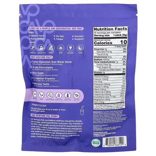 Venture Pal, Hydration Boost, смесь для приготовления электролитического напитка, со вкусом винограда, 16 пакетиков по 9 г (0,32 унции)