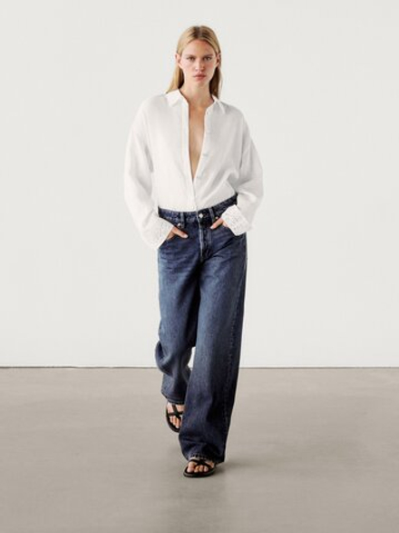 Massimo Dutti Укороченная льняная рубашка с вышивкой, белый