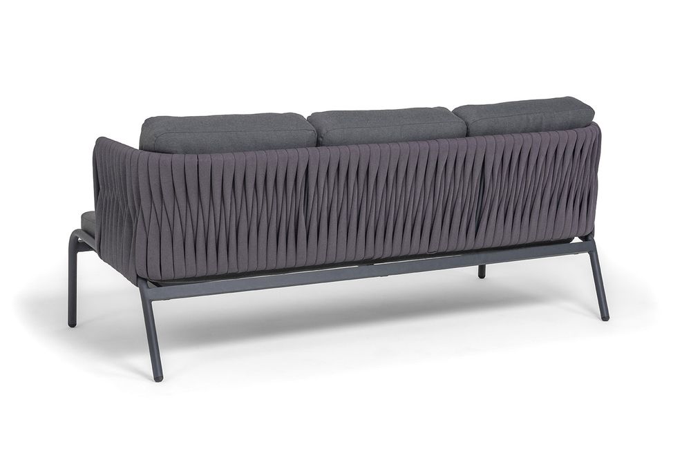 "Ронда" диван 3-местный плетеный из роупа, каркас алюминий темно-серый (RAL7024) муар, роуп серый 40 мм tex, ткань темно-серая 027