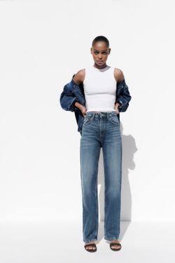 ZARA ДЖИНСЫ TRF MOM FIT HIGH WAIST, МОРСКОЙ СИНИЙ