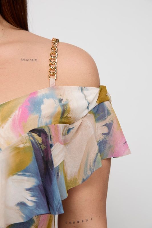 Платье-комбинация с воланами из шифона, абстрактный принт