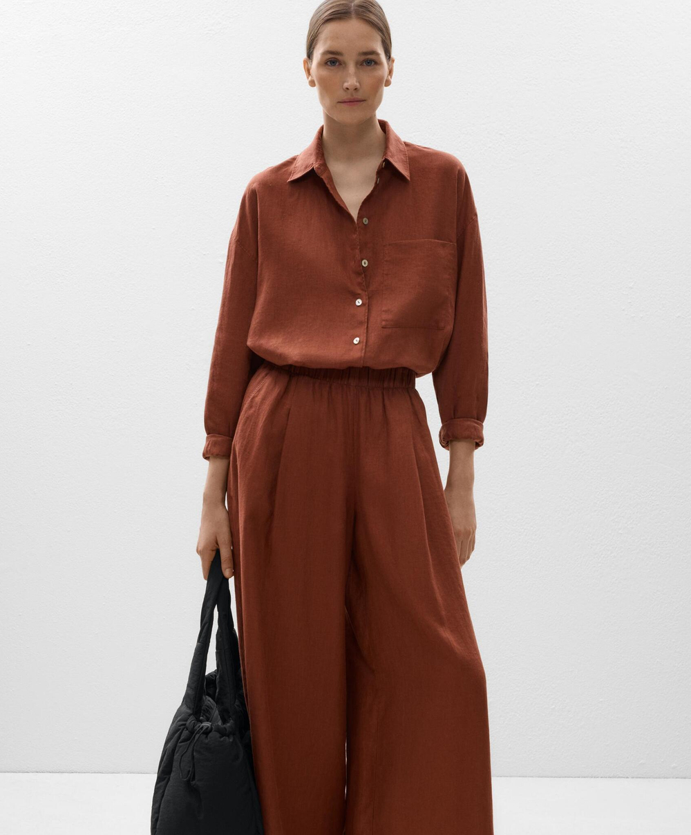 Oysho Широкие льняные брюки прямого кроя, терракотовый