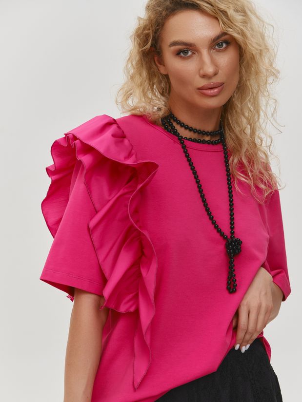 Футболка с воланом, фуксия