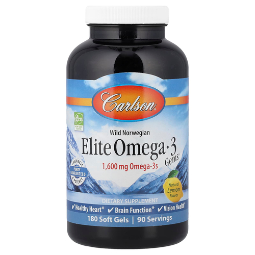 Carlson, Elite Omega-3 Gems®, отборные омега-3 кислоты из норвежской рыбы дикого улова, натуральный лимонный вкус, 180 капсул