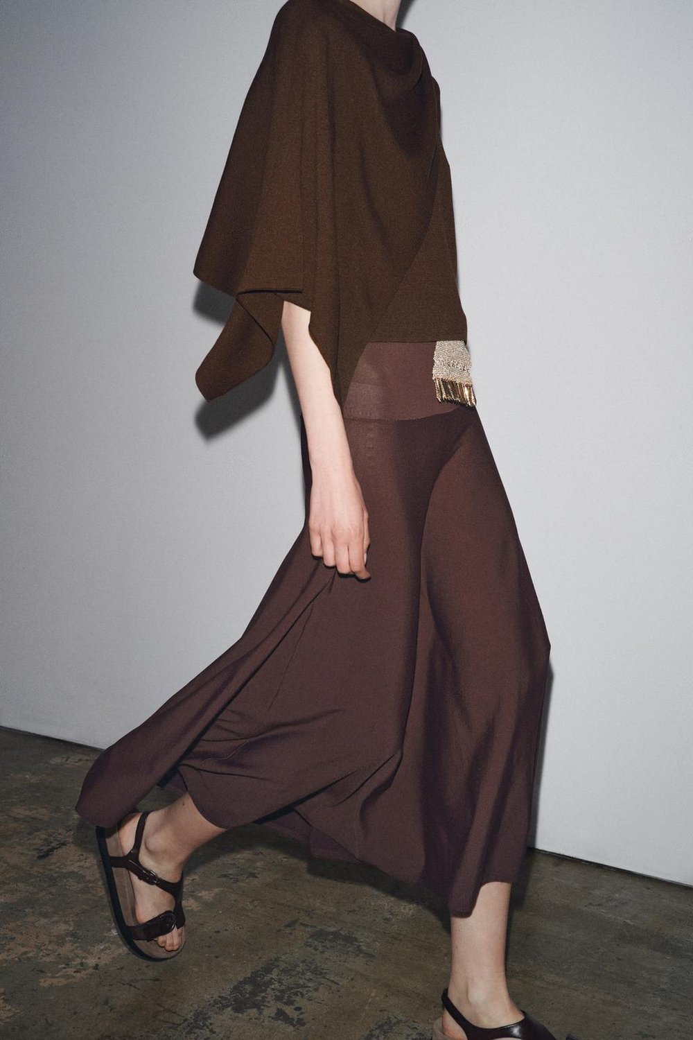 ZARA ТРИКОТАЖНЫЙ ТОП-НАКИДКА, КОРИЧНЕВЫЙ