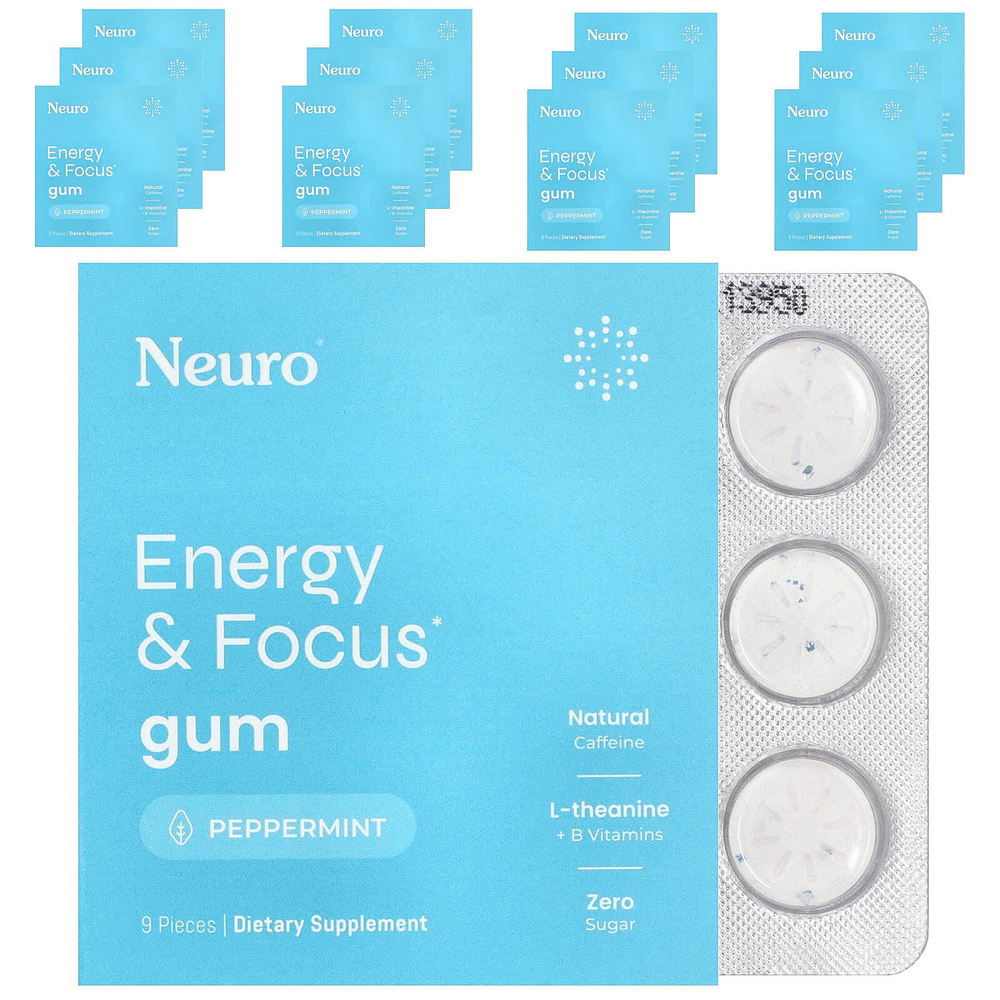 NeuroGum, жевательная резинка для энергии и концентрации, со вкусом перечной мяты, 12 упаковок по 9 шт.