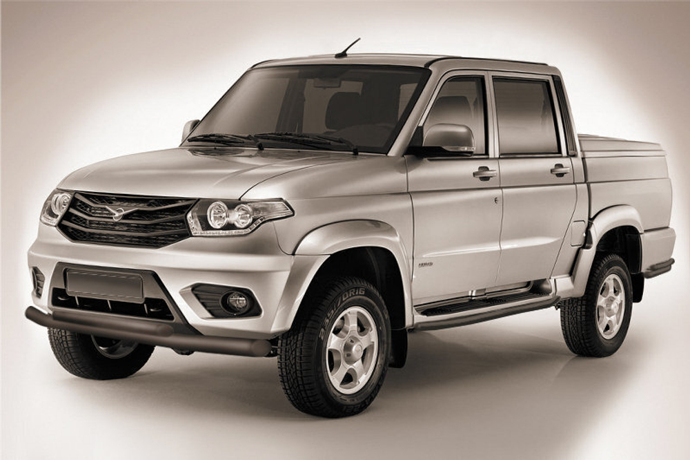 Защита переднего бампера UAZ Pickup (2014-2023) d76+d57 серебристая