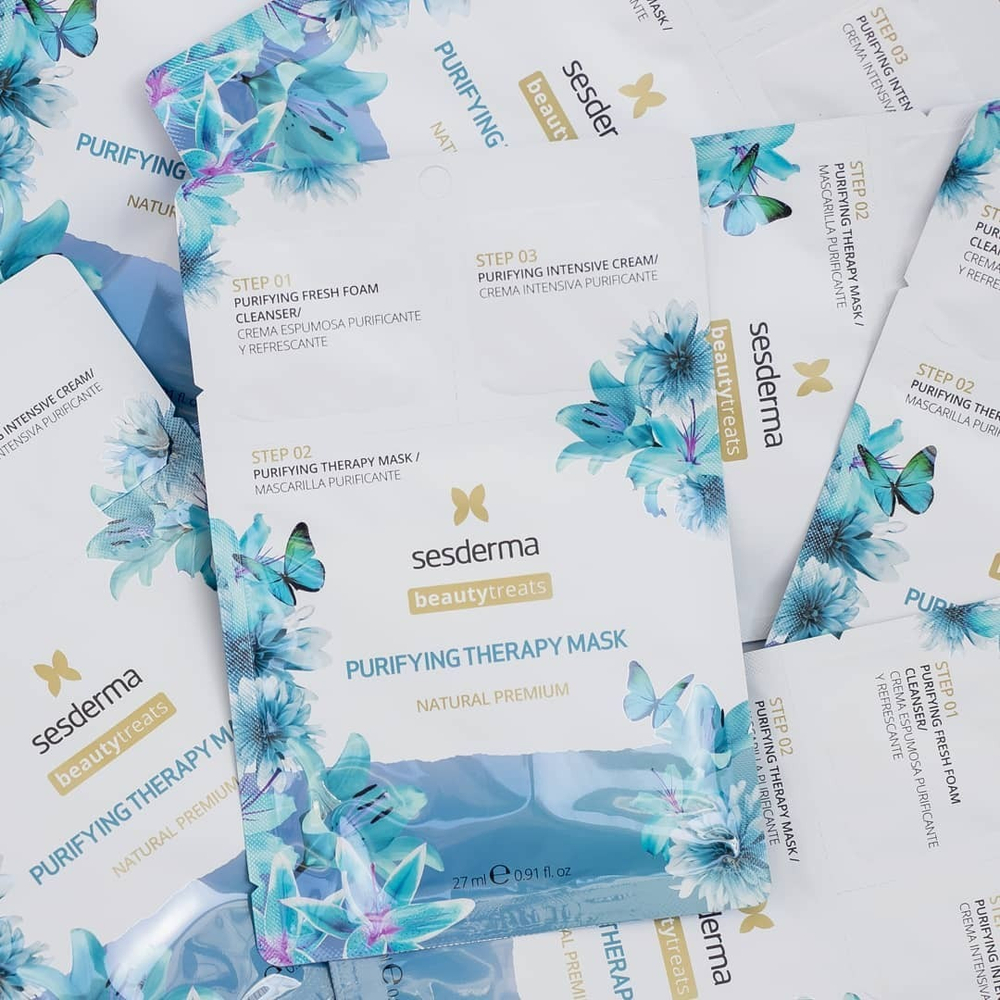 Sesderma BEAUTYTREATS Purifying Therapy Mask - Трёхшаговая очищающая маска для лица с экстрактами пиона, имбиря, лотоса и прополиса (Крем-пенка+маска+крем), 27 мл