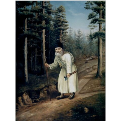 Святой Серафим Саровский в лесу деревянная икона на левкасе