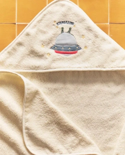 ZARA HOME ДЕТСКОЕ ПОЛОТЕНЦЕ С КАПЮШОНОМ И ВЫШИВКОЙ «КОСМОС», ЖЕЛТОВАТО-БЕЛЫЙ