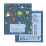 Тетрадь 12л., клетка, Alingar, скрепка, блок офсет, 100% белизна, мелованный картон (стандарт), "Космос", 5 дизайнов в пленке т/у