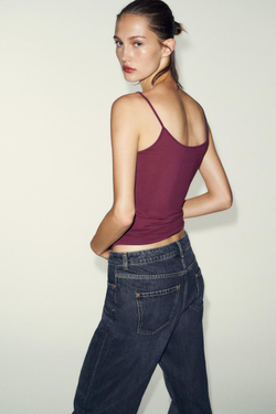 ZARA ТОП ИЗ ПОЛИАМИДА НА ТОНКИХ БРЕТЕЛЯХ, ВИННЫЙ