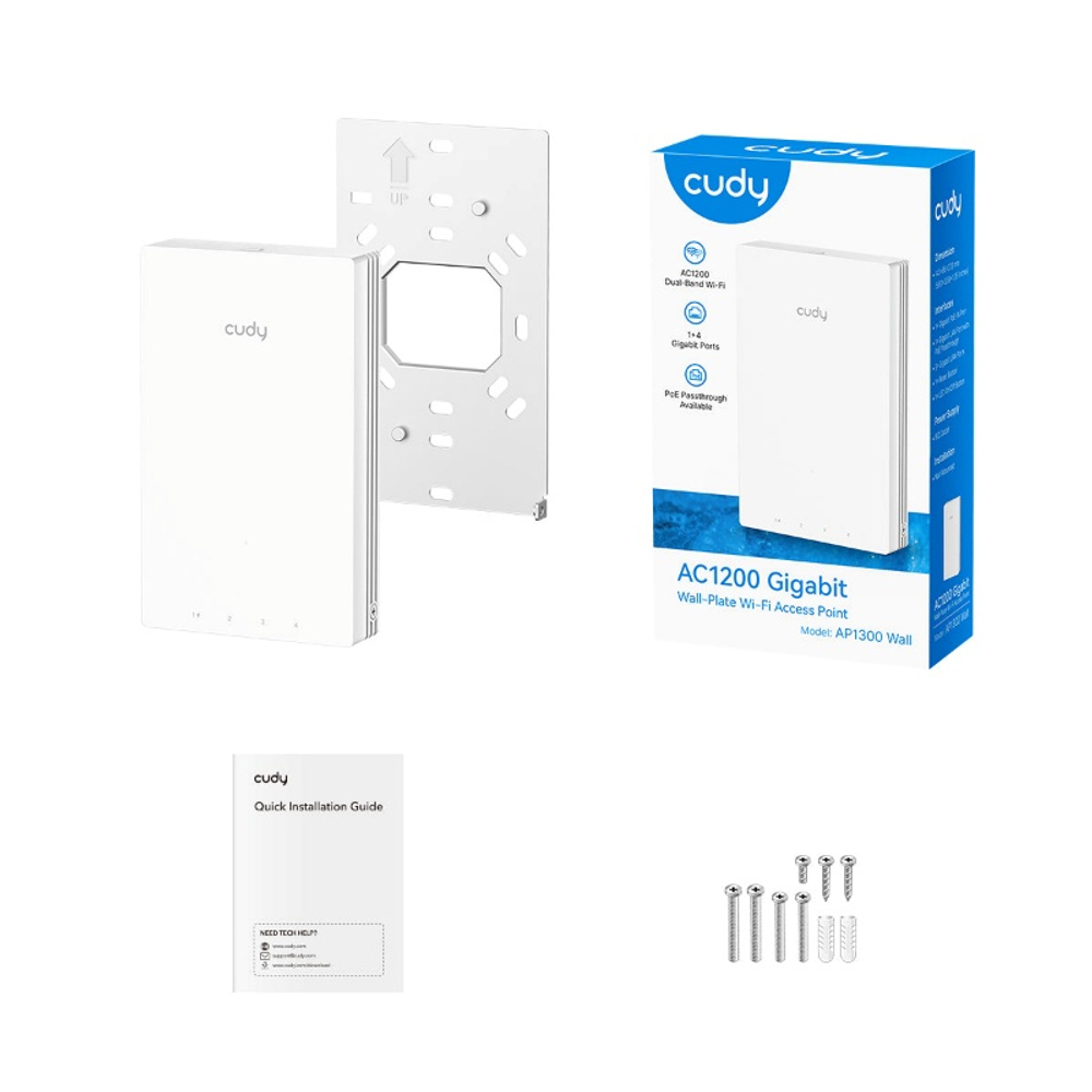 Cudy AP1300 Wall Встраиваемая в стену гигабитная точка доступа Wi-Fi AC1200, 2,4/5 ГГц, до 1167 Мбит/с, 5х1 Гбит/с (два порта PoE)