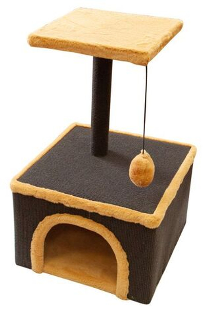 ZOONIK Комплекс для кошек "Экспо мини" с полкой 25*25см, мех + ковролин, 320*320*545 мм, коричневый