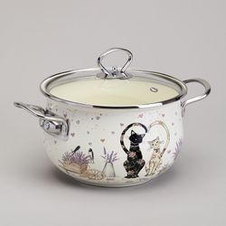 КАСТРЮЛЯ AGNESS ЭМАЛИРОВАННАЯ СО СТЕКЛЯННОЙ КРЫШКОЙ СЕРИЯ "LAVENDER CATS", 2,8 Л ДИА. 20СМ