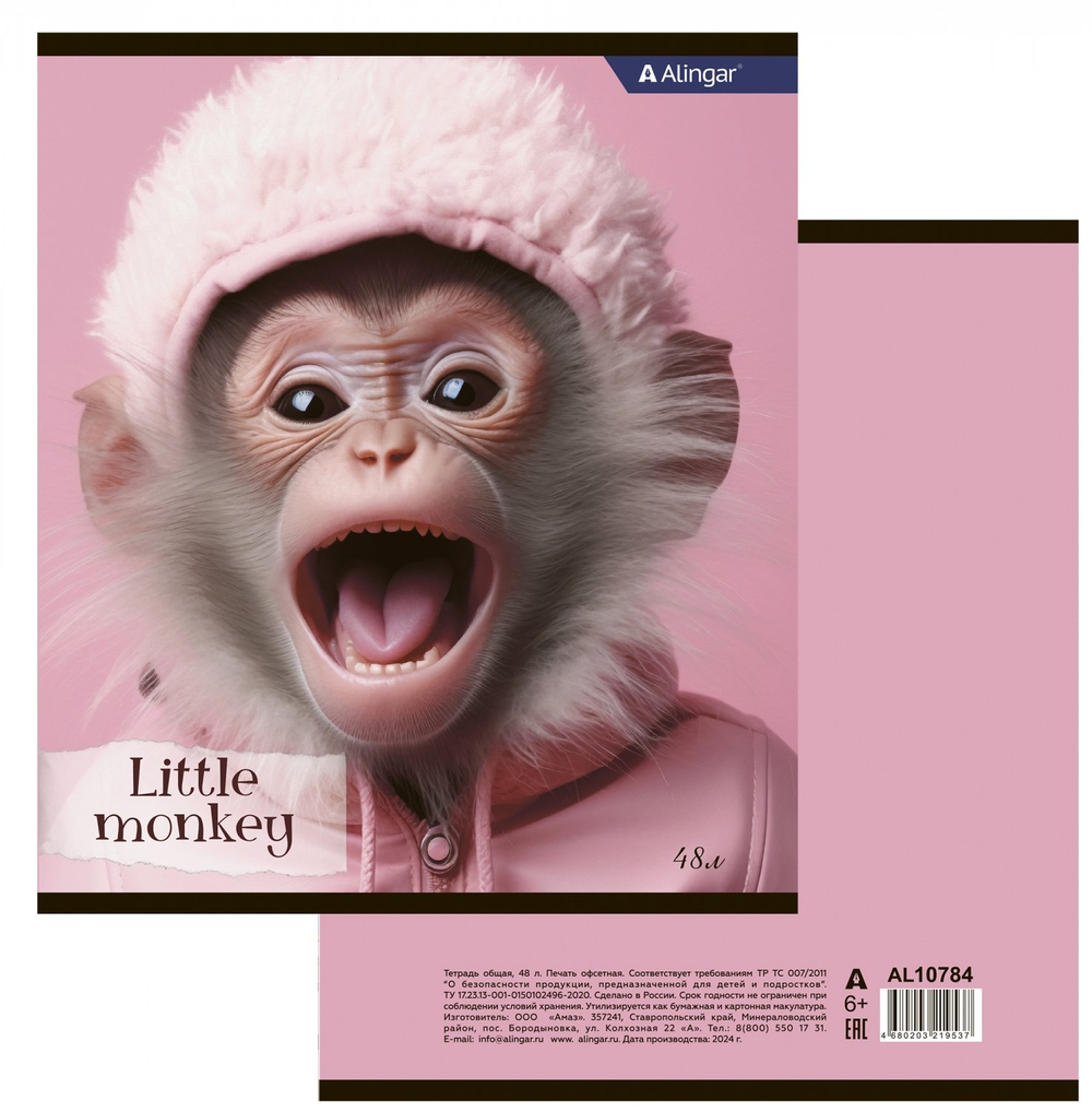 Тетрадь 48л., А5, клетка, Alingar "Funny monkey", скрепка, мелованный картон (стандарт), блок офсет, 4 дизайна в пленке т/у