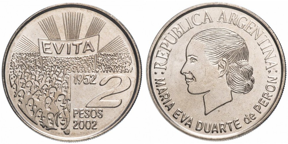Аргентина 2 песо, 2002 50 лет со дня смерти Марии Эвы Дуарте де Перон UNC