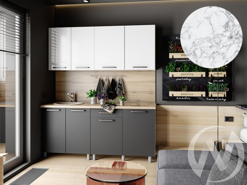 Кухня Ребекка 1.8м (корпус белый/белый; графит) 26мм мрамор итальянский