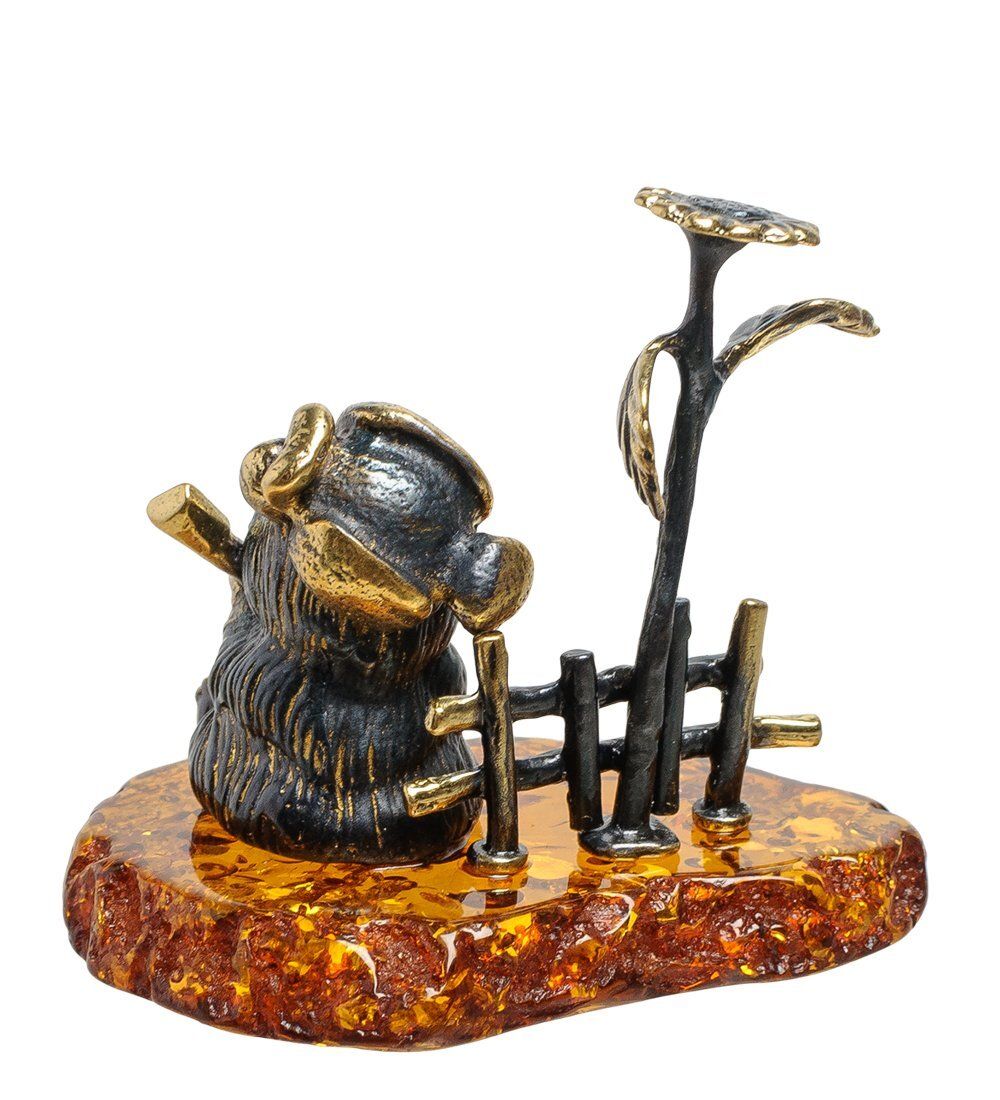 Народные промыслы AM-1110 Фигурка «Медведь с балалайкой у подсолнуха» (латунь, янтарь)