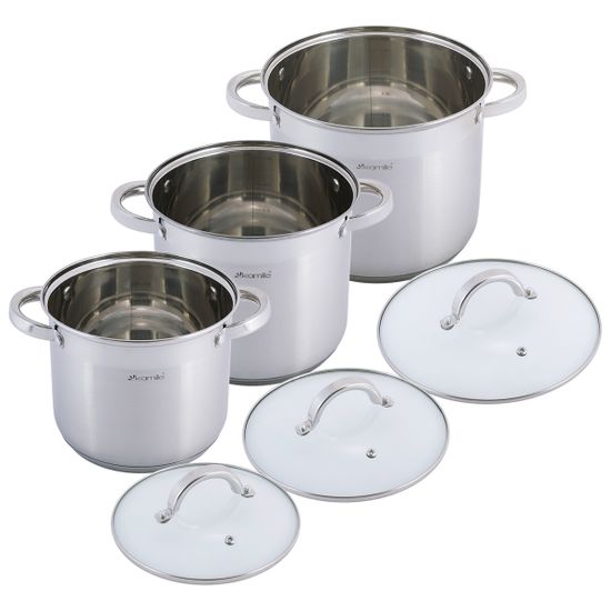 Набор высоких кастрюль 6 предметов из нержавеющей стали Kamille KM-5807 (4 л; 5,5 л; 6,5 л)