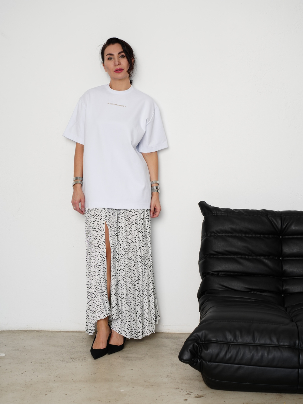 Юбка горох, плиссе, шелк, белая