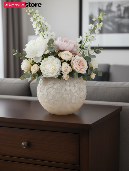 Ваза декоративная для цветов 20 см. стеклянная "Шар" с рельефным цветочным орнаментом