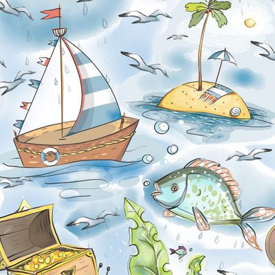 Морские корабли и чайки, острова с сундуками и рыбами