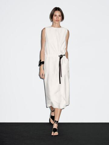 Massimo Dutti Платье миди с поясом, белый