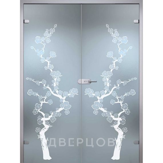 Фото стеклянной распашной двухстворчатой двери Сакура бесцветное матовое с алюминиевой коробкой