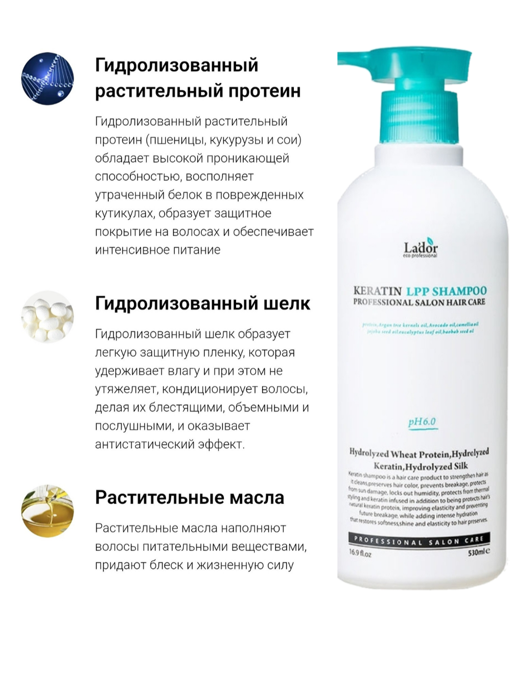 Шампунь безсульфатный протеиновый с кератином Lador Keratin LPP Shampoo