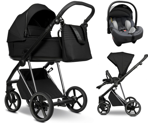 Детская коляска Roan Sol Vintage Luxury 2.0 3 в 1 с автокреслом Tutis Elo Lux EduSky Grey VIN 05/CB Caviar Black/Nickel/руч.Black