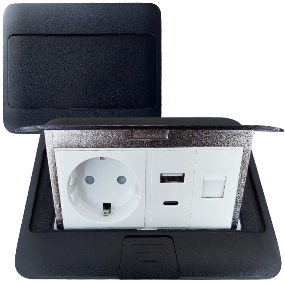 Лючок в пол 1-РОЗЕТКА + USB+TYPE-C + INT (цвет черный)