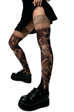 Черно-бежевые чулки с цветочным принтом (Размер: S-M-L) (Цвет: бежевый)