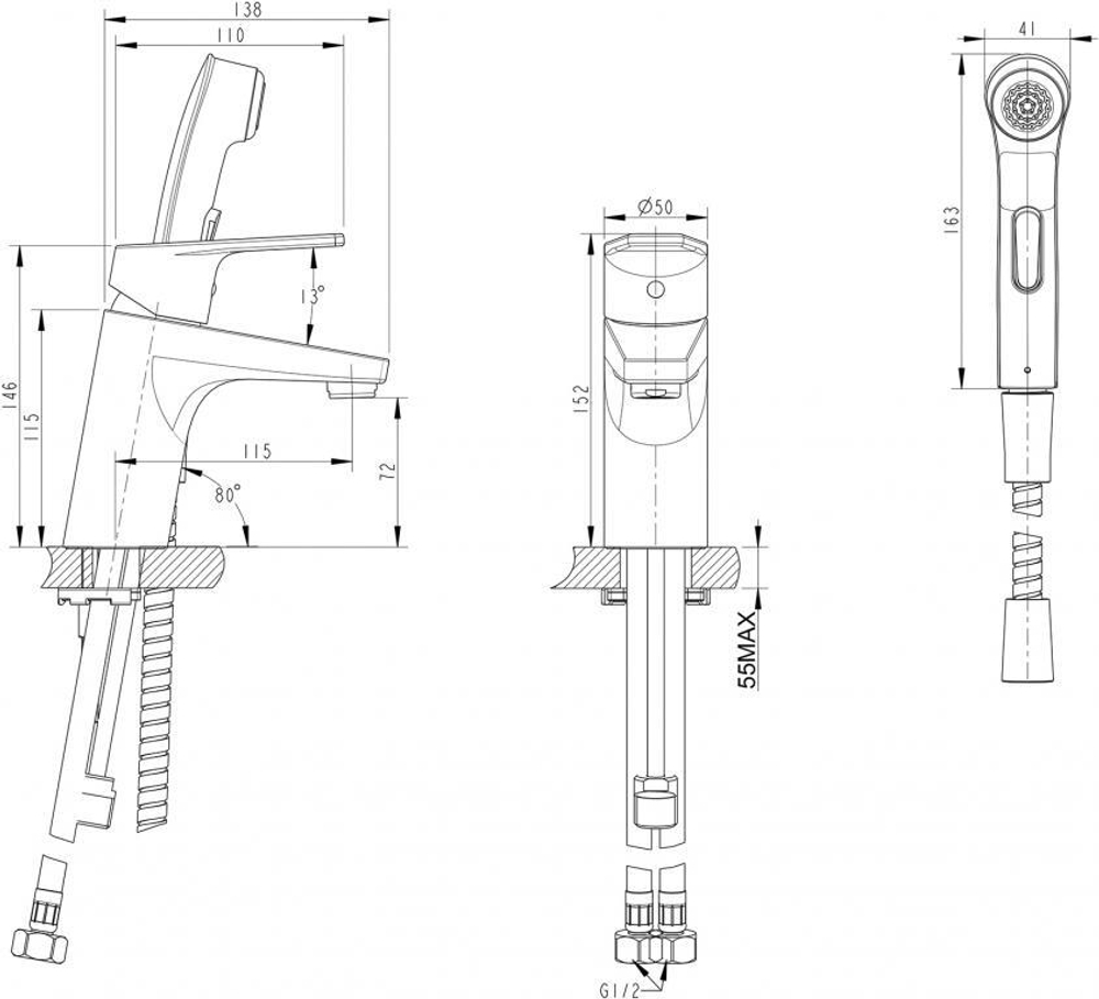 Смеситель для умывальника с гигиеническим душем Bravat Line