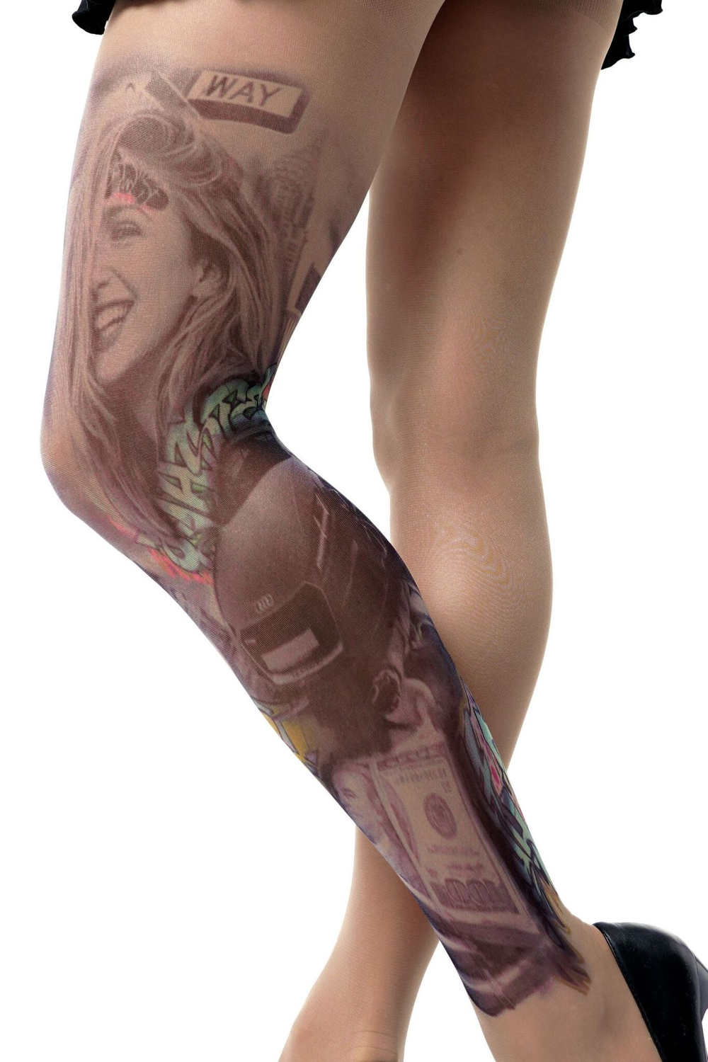Колготки +size с имитацией тату в виде авто и девушки (Размер: XL-XXL-XXXL) (Цвет: бежевый)