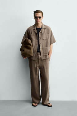 ZARA БРЮКИ СВОБОДНОГО КРОЯ ИЗ 100% ЛЬНА, СЕРО-КОРИЧНЕВЫЙ