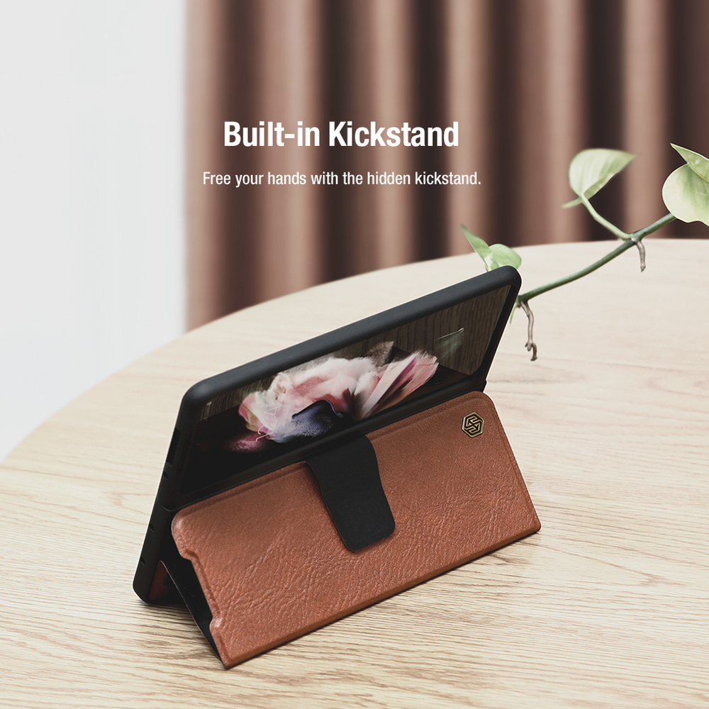 Кожаный чехол коричневого цвета для Samsung Galaxy Z Fold 4 5G, серия Aoge Leather от Nillkin (с эластичным карманом для хранения S-pen)