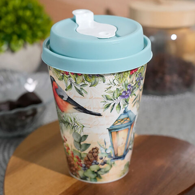 Стакан 420мл с крышкой с клапаном, с декором, (зеленый)