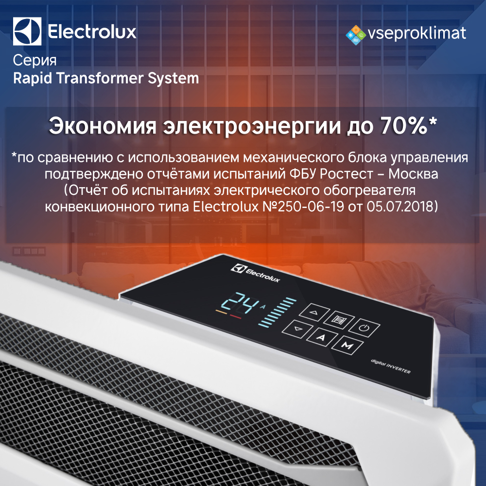 Инверторный конвектор Electrolux Rapid Transformer с шасси и блоком управления ECH/R-1500 T-TUI4 с WI-FI, 10 ступеней мощности