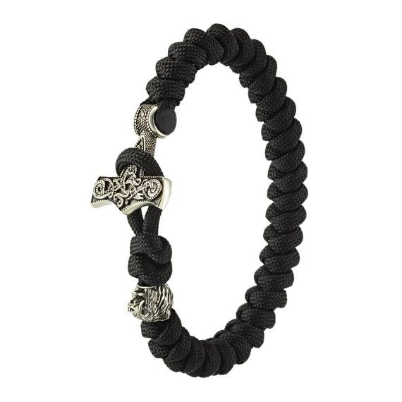 Браслет из чёрного паракорда с молотом Тора Мьёльнир и медведем из мельхиора, фото 5