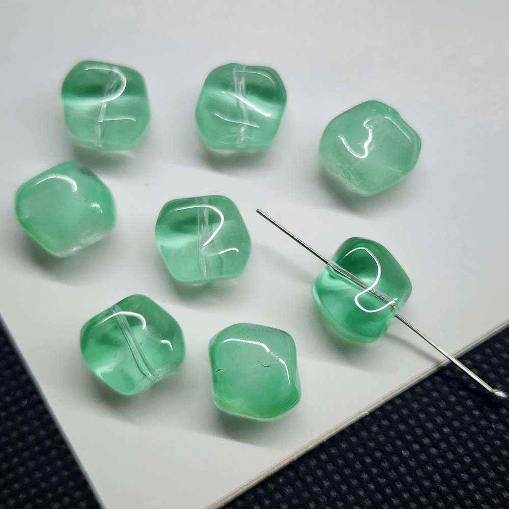Бусина квадрат, волна, стеклянные, мятные, бирюзовые, 10мм, штучно
