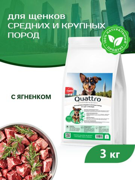 Корм сухой для щенков средних и крупных пород, премиум полнорационный комплекс, с ягненком, 3 кг, QUATTRO