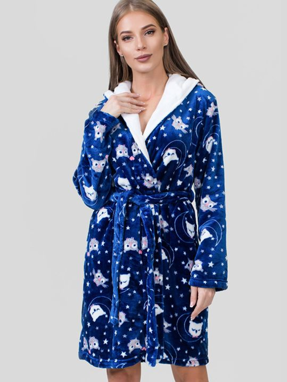 Оригинальный халат с принтом в виде совушек (Размер: M) (Цвет: темно-синий)