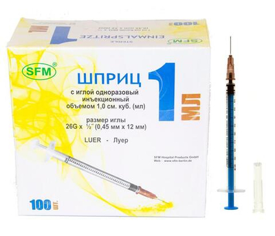 Шприц с синим поршнем трехкомпонентный Luer 1 мл 26G 0,45 ⨯ 12 мм 1 шт SFM