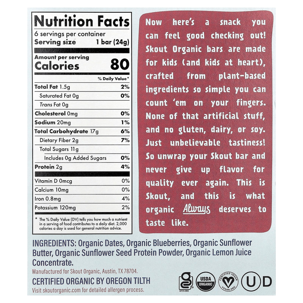 Skout Organic, детские батончики-снеки, со вкусом голубики, 6 батончиков по 24 г (0,85 унции)