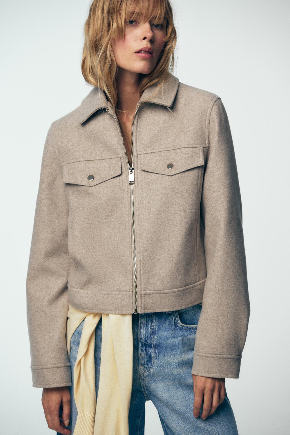 ZARA КУРТКА ИЗ МЯГКОЙ ТКАНИ НА МОЛНИИ, БЕЖЕВЫЙ