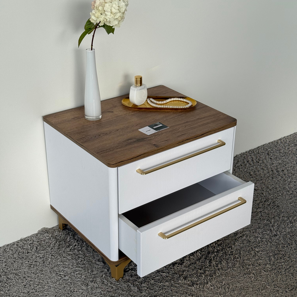 Тумба прикроватная на ножках с ящиками ROYAL 5203 эко (Дуб Веллингтон-Золото-р.золото)