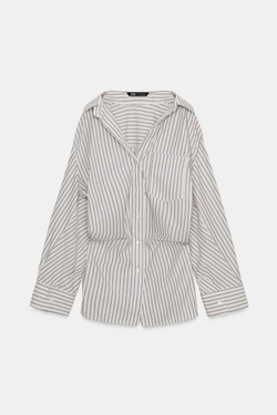 ZARA РУБАШКА ОВЕРСАЙЗ В ПОЛОСКУ С РУКАВАМИ «ЛЕТУЧАЯ МЫШЬ», КОРИЧНЕВЫЙ/БЕЛЫЙ