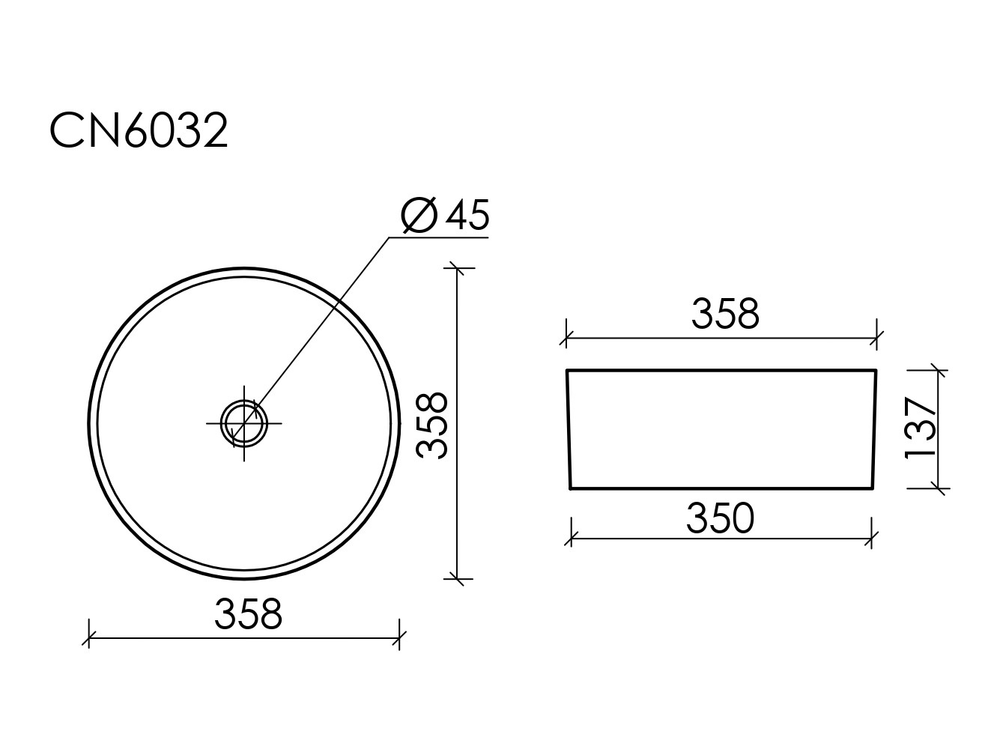 Умывальник чаша накладная круглая (цвет Белый Матовый) Element 358x358x137мм